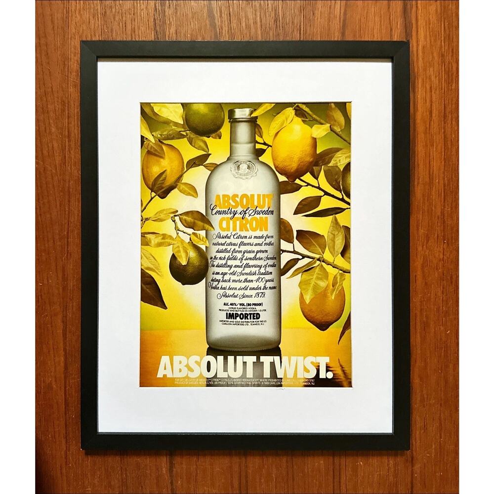 Framed 1989 Absolut Citron Vodka Absolut Twist Print Ad Advertisement Vintage